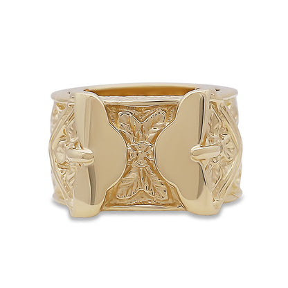 9ct Yellow Gold Ornate Patternd Double Buckle Ring