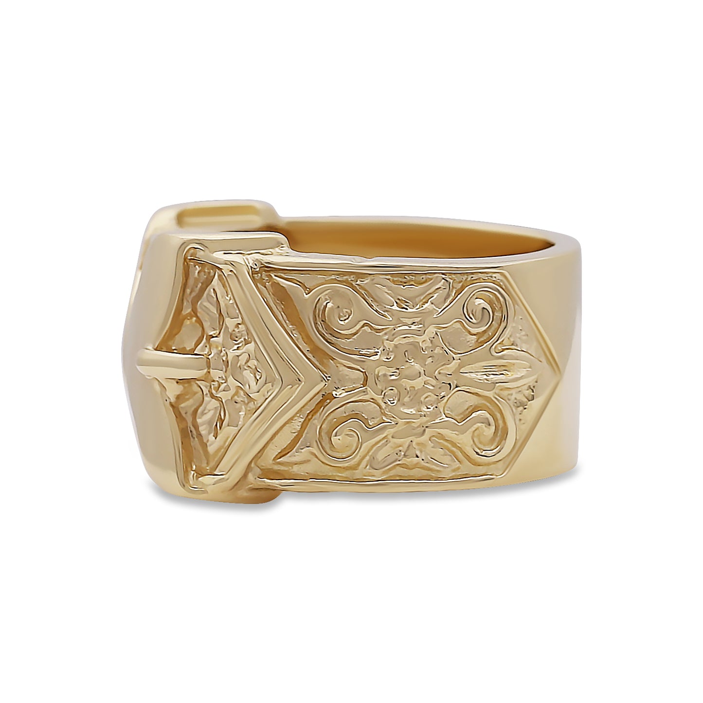 9ct Yellow Gold Ornate Patternd Double Buckle Ring