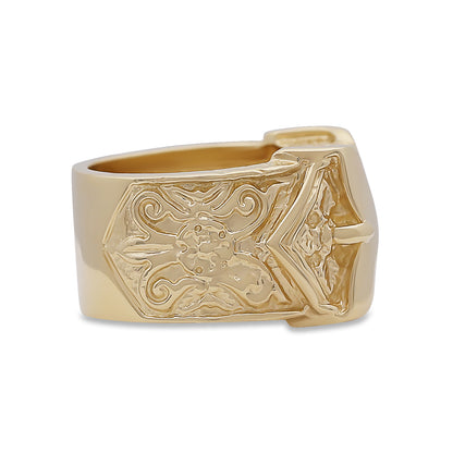 9ct Yellow Gold Ornate Patternd Double Buckle Ring