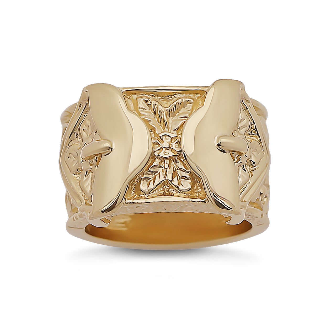 9ct Yellow Gold Ornate Patternd Double Buckle Ring