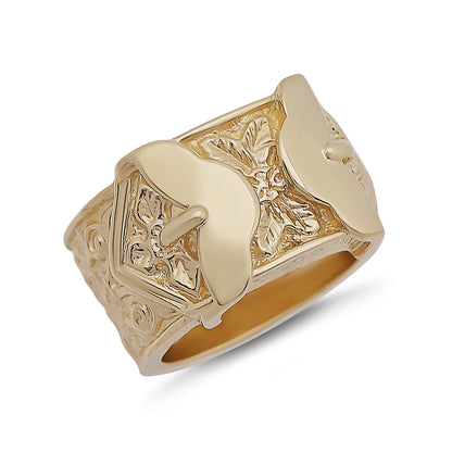 9ct Yellow Gold Ornate Patternd Double Buckle Ring