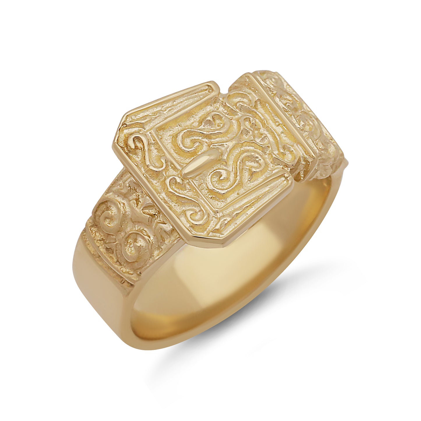 9ct Yellow Gold Single Buckle Scroll Patterned Buckle Ring