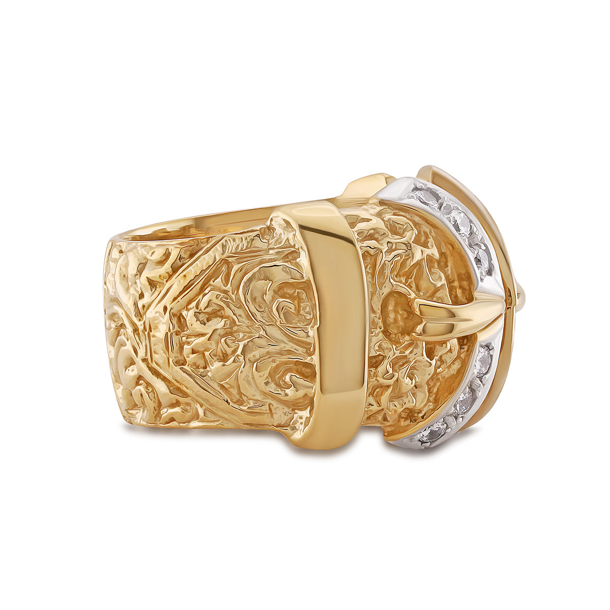 9ct Yellow Gold Gem-Set Patterned Double Buckle Ring