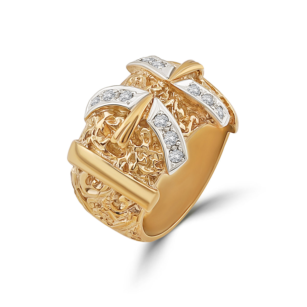 9ct Yellow Gold Gem-Set Patterned Double Buckle Ring