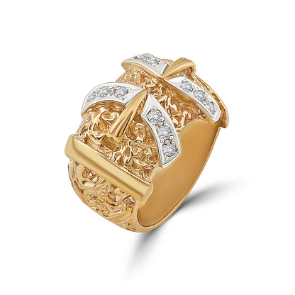 9ct Yellow Gold Gem-Set Patterned Double Buckle Ring