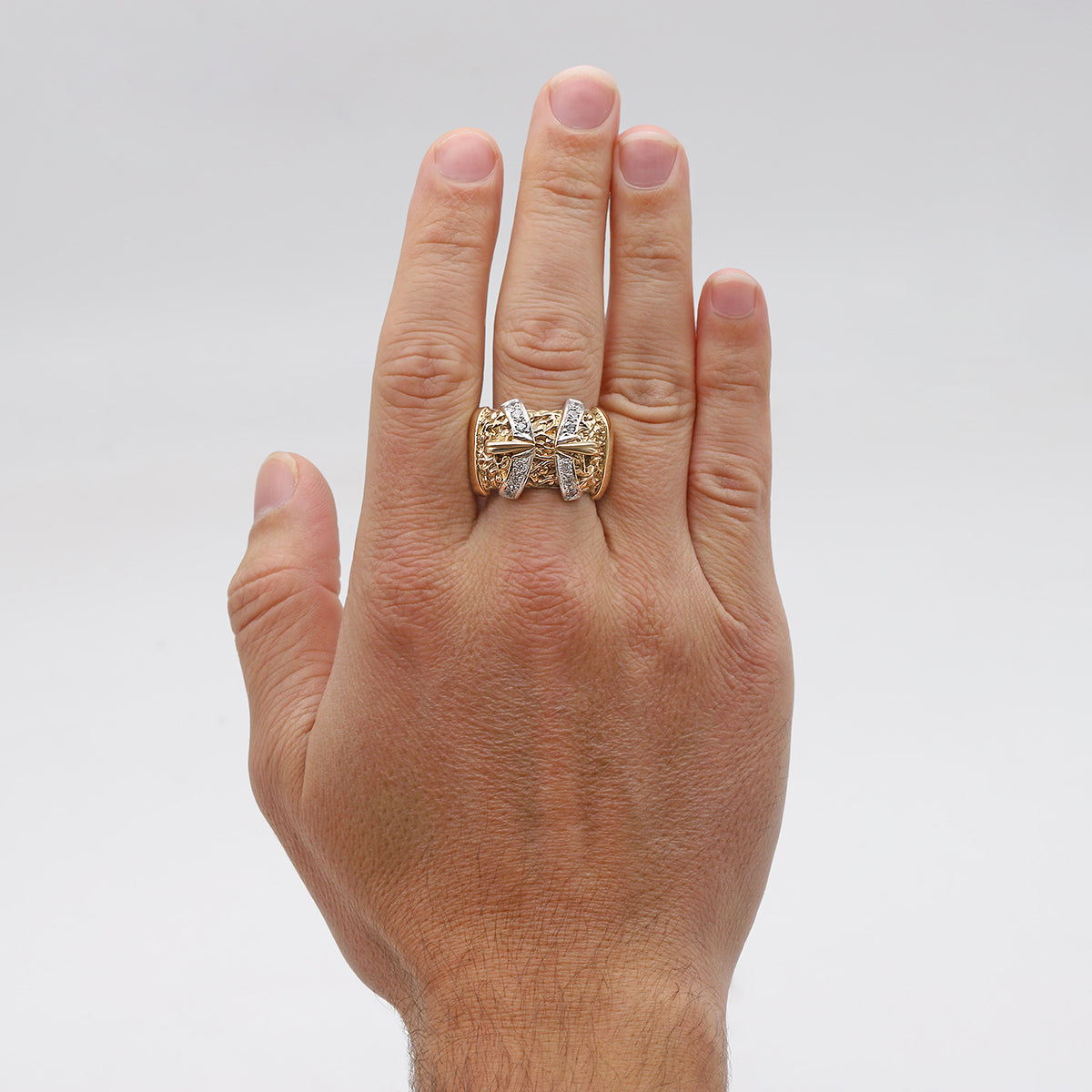 9ct Yellow Gold Gem-Set Patterned Double Buckle Ring