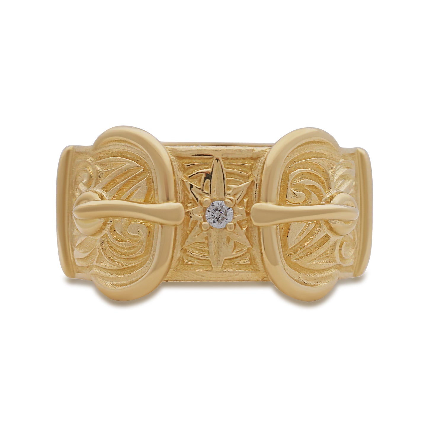 9ct Yellow Gold Gem-set Ornate & Star Double Buckle Ring