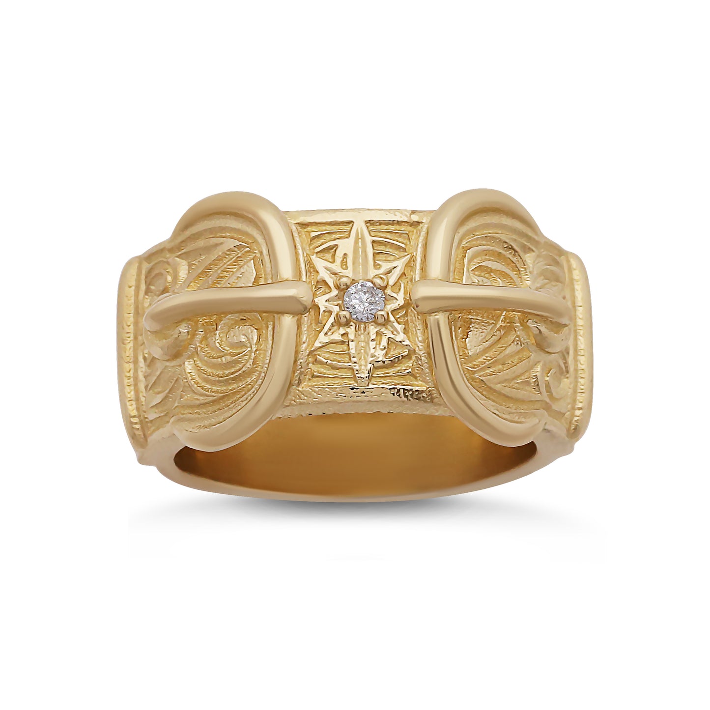 9ct Yellow Gold Gem-set Ornate & Star Double Buckle Ring