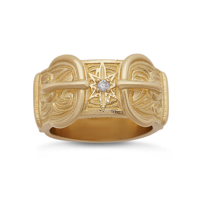 9ct Yellow Gold Gem-set Ornate & Star Double Buckle Ring