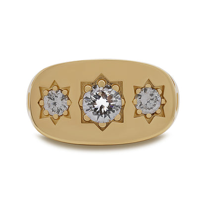 9ct Yellow Gold 3 Stone Gem-set Starburst & Star Design Large Gypsy Ring