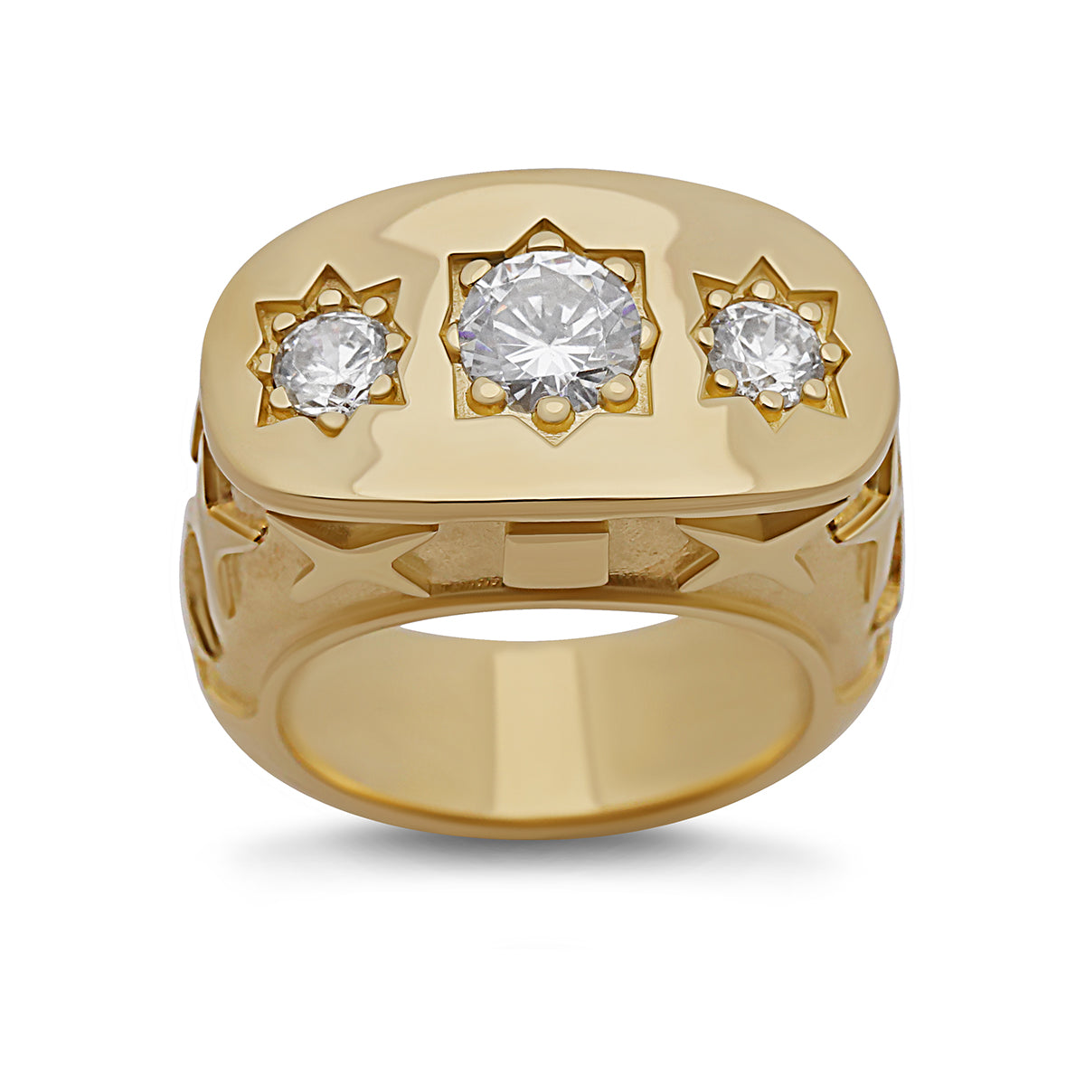 9ct Yellow Gold 3 Stone Gem-set Starburst & Star Design Large Gypsy Ring