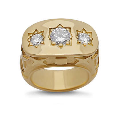 9ct Yellow Gold 3 Stone Gem-set Starburst & Star Design Large Gypsy Ring