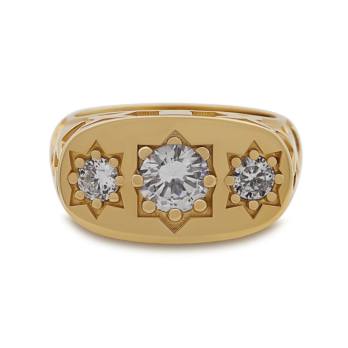 9ct Yellow Gold 3 Stone Gem-set Starburst & Star Design Medium Gypsy Ring