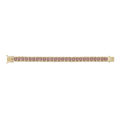 9ct Yellow Gold Rolex Style Pink Gem-Set Presidential 8.5mm Bracelet- 7"