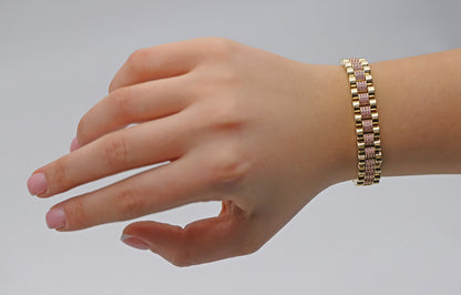 9ct Yellow Gold Rolex Style Pink Gem-Set Presidential 11mm Bracelet- 7.5"